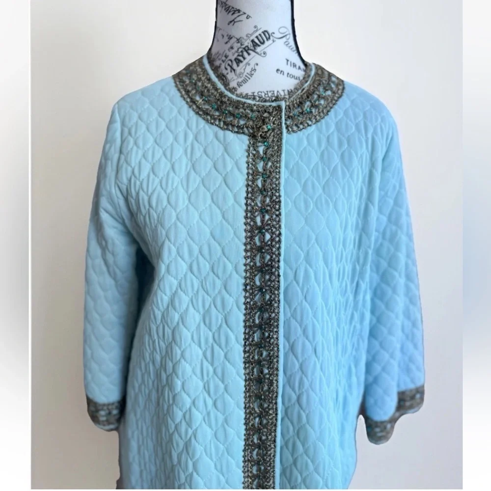 Vintage 70s Flobert Edwardian Baby Blue Bling Quilt Mod Long Robe House Coat - Picture 2 of 16